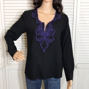 Vivienne Tam Black Blouse with Purple Embroidery
